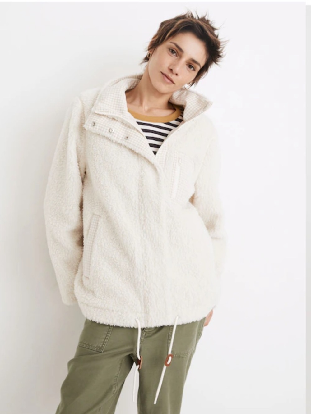 Madewell Sherpa Cream Zip-Front Jacket with Subtle Stripe Lining. Style NB256